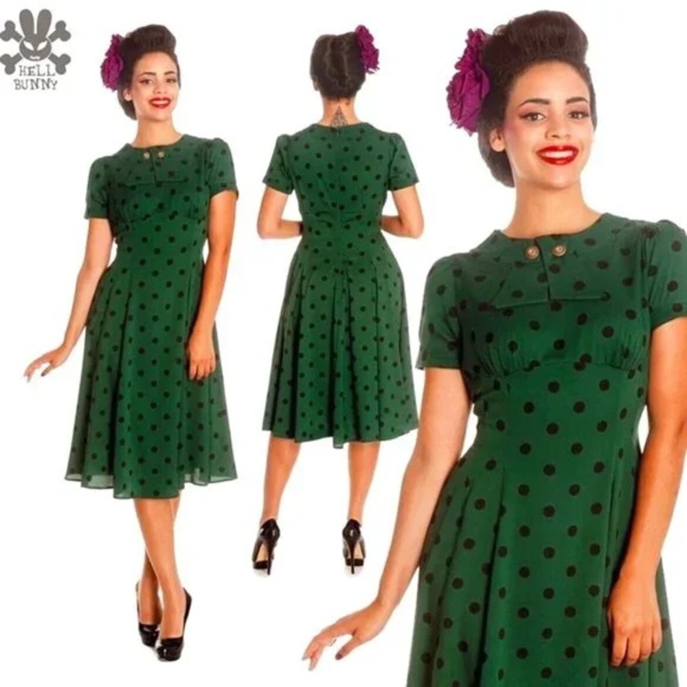 Hell Bunny Dark Green Polka Dot Midi Dress